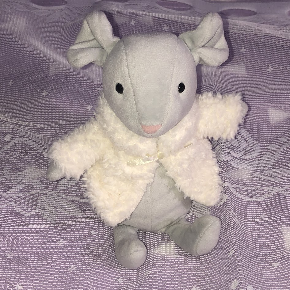 Grey mouse in FLuffy white sweater jellycat