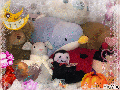 Many plushies on a bed