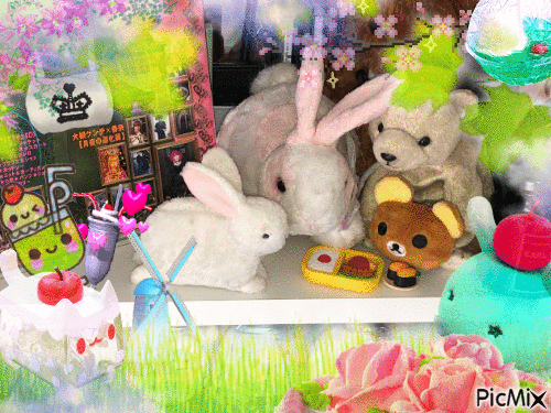 two bunny plushies and two bear plushies next to food