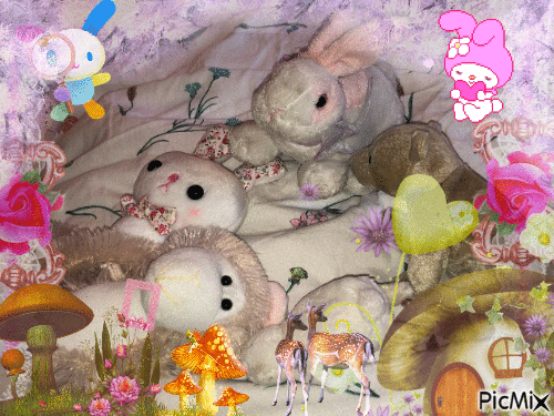 Many rabbit and bear plushes on a bed