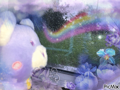 Blue bear plushie looks toward rainy window
